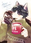  1boy animal_ears artist_name bishounen black_fur black_hair body_fur chair claws cup dated dog_boy dog_ears drink english_text furry gradient_background green_sweater hands_up highres holding holding_cup long_sleeves looking_at_viewer male_focus merry_christmas mixed-language_commentary mokotalow11 mug open_mouth orange_background original purple_eyes short_hair simple_background sitting solo sweater turtleneck turtleneck_sweater upper_body white_fur 