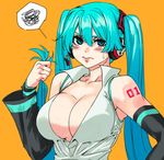  alternate_breast_size aqua_eyes aqua_hair archvermin blush breasts cleavage commentary detached_sleeves frown hatsune_miku headset highres large_breasts long_hair looking_at_viewer orange_background solo spoken_squiggle squiggle sweatdrop twintails upper_body vocaloid 