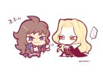  ... 2boys :3 alucard_(castlevania) ascot black_coat blonde_hair blue_coat blue_eyes blue_outline brown_eyes brown_hair castlevania_(series) chibi chibi_only coat full_body grey_pants holding holding_whip kotorai long_hair male_focus multiple_boys no_nose outline pants richter_belmont signature spoken_ellipsis white_ascot 