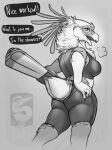 2024 accipitriform anthro avian bird bombird breasts breath chest_tuft clara_(bombird) claws clothing english_text feathers female grey_background greyscale hands_on_hips looking_aside looking_at_viewer looking_back monochrome non-mammal_breasts secretary_bird simple_background tail tail_feathers text tight_clothing tuft watermark workout_clothing