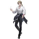  1boy artist_request belt black_footwear black_pants blonde_hair blue_wristband breast_pocket closed_mouth clothes_around_waist coin coin_flip collared_shirt dog_tags ear_piercing full_body girls&#039;_frontline hand_in_pocket highres jacket jacket_around_waist long_hair long_sleeves looking_at_viewer male_focus multiple_wristbands official_art pants piercing pocket ponytail purple_eyes ramzan_(girls&#039;_frontline) red_wristband shirt shoes simple_background smile solo standing third-party_source transparent_background white_shirt 