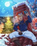  1boy absurdres alternate_costume bara belt blonde_hair blue_eyes blue_shirt boots box brown_belt brown_footwear brown_gloves cape chimney christmas christmas_tree covered_abs cross_scar curran_(dragalia_lost) dragalia_lost facial_hair feet_out_of_frame full_moon gift gift_box gloves hair_between_eyes half_gloves hat highres holding holding_gift jewelry knee_boots long_sideburns looking_at_viewer male_focus mature_male moon muscular muscular_male necklace on_roof on_rooftop open_mouth outdoors pants pectorals red_cape santa_hat scar scar_on_face scar_on_forehead shirt short_hair sideburns sitting_on_roof smile snowing steam_from_mouth white_pants yaekaidou 