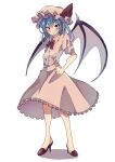  1girl absurdres blue_hair blush bow bowtie commentary_request demon_wings flandre_scarlet frilled_skirt frills full_body hair_between_eyes hand_on_own_hip hat high_heels highres looking_at_viewer medium_hair mob_cap open_mouth pink_headwear pink_shirt pink_skirt puffy_short_sleeves puffy_sleeves red_bow red_bowtie red_eyes red_footwear seika_okawari shirt short_sleeves simple_background skirt solo standing touhou tsurime v-shaped_eyebrows white_background wings 