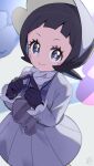  1girl black_gloves black_hair blue_eyes blush_stickers botamochi_(exwelder) closed_mouth dress eyelashes gloves highres index_fingers_together jacket jewelry long_sleeves looking_at_viewer necklace pokemon pokemon_sv poppy_(pokemon) short_hair smile solo visor_cap 