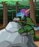 accessory anthro armor body_armor boots bulletproof_vest clothing dinosaur dromaeosaurid footwear furgonomics gun hi_res legswithsnake male plant ranged_weapon reptile rock scalie solo solo_focus tail tail_accessory theropod tree weapon