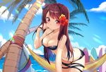  alternate_costume bare_arms beach bikini black_bikini black_ribbon blue_sky blush breasts brown_hair cleavage closed_mouth cloud collarbone day flower girls_frontline hair_flower hair_ornament hair_ribbon hammock hand_up hibiscus highres leaning_forward light_particles light_rays long_hair looking_at_viewer medium_breasts moong_gya navel ocean one_side_up outdoors palm_tree purple_hair red_eyes ribbon scowl shade skindentation sky stomach sunlight surfboard swimsuit thigh_strap tree tree_shade wa2000_(girls_frontline) water_drop waves 