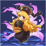  black_dress blush_stickers chinese_clothes closed_mouth commentary_request crescent dress fox_tail full_body hands_together hat heart junko_(touhou) kumamoto_(bbtonhk2) long_hair long_sleeves looking_at_viewer lowres orange_hair pixel_art red_eyes smile solo tabard tail touhou 