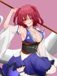  1girl 2dio9gwjal28761 armpits bare_shoulders blue_skirt blush breasts cleavage heart heart-shaped_pupils licking_lips lips looking_at_viewer onozuka_komachi pink_background red_eyes red_hair scythe simple_background skirt solo symbol-shaped_pupils thighhighs thighs tongue tongue_out touhou white_thighhighs 