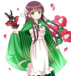  1girl :d absurdres ama_usa_an_uniform animal anko_(gochiusa) apron brown_hair cape cloak crescent crown flower frilled_apron frills gochuumon_wa_usagi_desu_ka? green_cloak green_eyes green_kimono hair_flower hair_ornament highres hood hood_down hood_up hooded_cloak japanese_clothes kimono long_hair long_sleeves looking_at_viewer maid_apron mini_crown petals rabbit red_cape red_flower ryoutan simple_background smile striped_clothes striped_kimono ujimatsu_chiya uniform vertical-striped_clothes vertical-striped_kimono very_long_hair waitress white_apron white_background white_flower wide_sleeves 