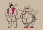 2024 anthro belly belly_overhang biped blush bow_tie canid canine canis clothed clothing duo english_text hi_res male male/male mammal meowshmallowe moobs navel obese overweight simple_background text tight_clothing wolf