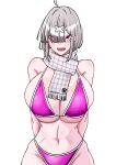  1girl absurdres ahoge bare_shoulders blush breasts collarbone eyes_visible_through_hair frim_02 grey_hair hair_between_eyes hair_ornament hair_over_one_eye highleg highleg_swimsuit highres large_breasts long_hair looking_at_viewer mole mole_under_eye multicolored_clothes multicolored_swimsuit nijisanji open_mouth purple_eyes sharp_teeth smile solo sukoya_kana swimsuit teeth thighs toned two-tone_swimsuit virtual_youtuber x_hair_ornament 