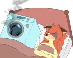 absurd_res anthro appliance bed bedroom blush canid canine cyberconnect2 embarrassed empty_eyes female flam_kish frederickjdr fuga:_melodies_of_steel furniture hi_res little_tail_bronx lying lying_on_bed mammal on_back on_bed smoke solo under_covers washer washing_machine