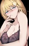  1girl arm_under_breasts bare_shoulders black_bra black_eyeliner blonde_hair blue_eyes blush bob_cut bra breasts cleavage collarbone expressionless eyelashes eyeliner finger_to_mouth flustered hair_ornament highres hololive hololive_english large_breasts looking_at_viewer magnifying_glass makeup sak1_01 short_hair solo sweat sweatdrop swept_bangs underwear virtual_youtuber watson_amelia 