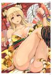  absurdres animal_ears arm_support artist_name ass bangs bare_shoulders blonde_hair blush breasts collarbone dutch_angle fan hair_ornament highres holding japanese_clothes kimono large_breasts long_hair looking_at_viewer non-web_source open_mouth original panties red_eyes scan sitting solo tail tiger_ears tiger_tail toranoana underwear white_panties wide_sleeves yuugiri 
