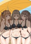  absurdres angry ass_visible_through_thighs beach_umbrella bikini black_bikini blonde_hair blush bow breasts brown_hair cleavage collarbone cowboy_shot day girls_frontline grey_hair hair_bow hairband highres kong_lang_(skywave) large_breasts long_hair looking_at_viewer medium_breasts middle_finger multiple_girls nail_polish navel nervous_smile nose_blush open_mouth outdoors parted_lips pink_nails red_eyes scar scar_across_eye skindentation smile swimsuit thigh_gap twintails two_side_up umbrella ump40_(girls_frontline) ump45_(girls_frontline) ump9_(girls_frontline) v very_long_hair yellow_eyes 