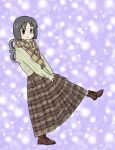  1girl absurdres black_eyes boots brown_footwear brown_scarf brown_skirt full_body green_sweater grey_hair highres long_skirt looking_at_viewer nichijou no_nose own_hands_together plaid plaid_scarf plaid_skirt purple_background risaoza_meat robot_girl scarf shinonome_nano short_hair skirt smile solo standing standing_on_one_leg sweater winding_key 