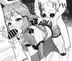  1girl 2boys bodysuit breasts doggystyle fellatio greyscale group_sex hair_ornament hetero highres inai_uchi medium_breasts mmf_threesome monochrome multiple_boys oral penis senki_zesshou_symphogear sex sex_from_behind short_hair spitroast tachibana_hibiki_(symphogear) threesome 