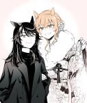  2girls alternate_costume alternate_height animal_ears arm_hug black_hair blush closed_mouth coat flower fur-trimmed_kimono fur_trim greyscale hair_down hair_flower hair_ornament hand_up highres horse_ears japanese_clothes kimono long_hair long_sleeves looking_at_viewer mayano_top_gun_(umamusume) monochrome multiple_girls narita_brian_(umamusume) obi open_mouth orange_eyes orange_hair sash shirt short_hair smile spot_color umamusume upper_body wide_sleeves yellow_eyes yonu_(yonurime) 