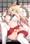  :p absurdres animal_ears blonde_hair blue_eyes blush bow bow_panties breasts detached_sleeves earrings garter_belt hand_to_own_mouth highres japanese_clothes jewelry long_hair magatama magatama_earrings md5_mismatch medium_breasts miko navel panties pinky_out scan sitting solo tail tanaka_takayuki thighhighs tiger_ears tiger_tail tongue tongue_out toranoana underboob underwear white_legwear white_panties 