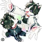  2boys ahoge animal_collar animal_ears animal_hands arms_up artist_logo bishounen black_footwear black_fur black_hair black_jacket black_pants black_shirt body_fur claws closed_mouth collar cropped_jacket dog_boy dog_ears dog_tail full_body furry furry_male green_eyes high_collar highres jacket light_blush long_sleeves looking_at_viewer mokotalow11 multicolored_background multiple_boys open_clothes open_jacket open_mouth original pants perspective purple_eyes reaching reaching_towards_viewer red_collar shirt short_hair siblings simple_background standing tail tongue tongue_out twins white_background white_fur white_jacket white_pants white_shirt 