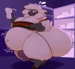 anthro appliance beverage big_butt blush bovid butt caprine clothing cracker_(artist) cracker_(character) eyewear fridge fur glasses hi_res huge_butt jockstrap kitchen_appliance male mammal milkshake overweight overweight_male rumbling_stomach sheep solo torn_clothing underwear weight_gain wool_(fur)