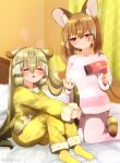  2girls animal_ears brown_eyes brown_hair cat_ears cat_girl cat_tail coroha extra_ears geoffroy&#039;s_cat_(kemono_friends) grey_hair japari_symbol kemono_friends kemono_friends_v_project large-spotted_genet_(kemono_friends) long_hair multiple_girls on_bed pajamas socks tail virtual_youtuber 