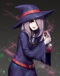  :d artist_name commentary eyebrows_visible_through_hair eyes_visible_through_hair flask hair_over_one_eye hat little_witch_academia long_hair looking_at_viewer mushroom open_mouth potion purple_hair robe smile solo star sucy_manbavaran terupancake twitter_username wide_sleeves witch_hat 