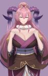  1girl breasts cleavage commission cowboy_shot curled_horns fire_emblem fire_emblem_heroes frilled_sleeves frills fur-trimmed_collar fur-trimmed_kimono fur_trim goat_horns hair_ornament hands_up highres horns huge_breasts japanese_clothes kimono large_horns light_smile long_hair looking_at_viewer mature_female nerthuz_(fire_emblem) nerthuz_(new_year)_(fire_emblem) official_alternate_costume pink_hair ponytail purple_background purple_eyes purple_horns purple_veil shou_illust solo 