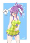  bare_shoulders blue_eyes blush breasts dress ear_blush frown halterneck imura_(shiro_maru) large_breasts long_hair nose_blush original plaid plaid_dress ponytail purple_hair shiro_maru solo sundress sweat 