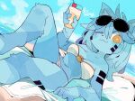  1girl animal_ears beach bikini blue_hair blue_skin breasts brown_eyes cleavage colored_skin commentary commission cup english_commentary eyewear_on_head feet_out_of_frame furry furry_female holding holding_cup looking_at_viewer massakasama medium_hair original outdoors second-party_source skeb_commission solo sunglasses swimsuit white_bikini 