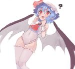  ? adapted_costume ascot bare_shoulders bat_wings blue_hair blush brooch cameltoe covered_navel eyebrows_visible_through_hair fang frilled_leotard frills hair_between_eyes hands_up hat highres jewelry leotard looking_away mob_cap open_mouth pointy_ears pororikin red_eyes remilia_scarlet ribbon-trimmed_legwear ribbon_trim short_hair simple_background slit_pupils solo standing sweat tareme thigh_gap thighhighs touhou w wavy_mouth white_background white_legwear wings wrist_cuffs 