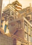  1girl animal_ears boots building city cityscape cloud eating industrial_pipe machine outdoors pandahaim ruins scenery short_hair sky solo stairs steampunk steampunk_(liarsoft) tower traditional_media white_hair 