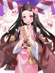  1girl brown_hair cup drinking_straw fangs fingernails hair_ribbon highres holding holding_cup japanese_clothes kamado_nezuko kimetsu_no_yaiba kimono long_hair looking_at_viewer nail_polish obi open_mouth pink_kimono pink_ribbon red_eyes red_nails ribbon sash solo waterring 