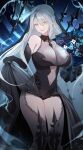  1girl absurdres arbiter_the_hermit_ix_(azur_lane) azur_lane bare_shoulders black_dress black_gloves bouquet breasts clothes_lift commission curly_hair dress dress_lift elbow_gloves english_commentary gloves grin hair_between_eyes hands_up head_tilt highres hip_focus holding holding_bouquet lantern large_breasts lifted_by_self long_hair looking_at_viewer navel pale_skin pixiv_commission print_dress see-through shibuya_(kurokamishain) siren_(azur_lane) sleeveless sleeveless_dress smile solo standing thighs veil very_long_hair white_hair yellow_eyes 