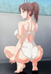  1girl anime_coloring ass back back_cutout bare_arms bare_legs barefoot breasts brown_eyes clenched_hand closed_mouth clothing_cutout competition_swimsuit fence hand_on_own_arm highleg looking_at_viewer looking_back medium_breasts monteriakitto nape one-piece_swimsuit original ponytail profile soles solo squatting swimsuit white_one-piece_swimsuit 
