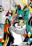  1girl 5_(number) alternate_costume animal_ears aqua_hair bandaid bandaid_on_face bandaid_on_nose black_footwear boots cloud colorful fake_animal_ears from_side full_body fur-trimmed_jacket fur_trim hair_ornament halftone hatsune_miku holding jacket long_hair long_sleeves looking_at_viewer looking_to_the_side machigami_yoh open_mouth pantyhose rabbit_ears red_pantyhose sitting sitting_on_cloud skirt solo star_(symbol) twintails very_long_hair vocaloid zipper_pull_tab 