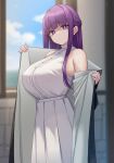  1girl blue_sky blurry blurry_background blush breasts bright_pupils cloud dress fern_(sousou_no_frieren) half_updo highres huge_breasts looking_at_viewer mijikayo outdoors pleated_dress purple_eyes purple_hair robe sky sleeveless sleeveless_dress solo sousou_no_frieren two-sided_robe undressing white_dress white_pupils 