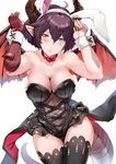  ahoge animal_ears arms_up bare_shoulders black_legwear blush bow bowtie breasts bunny_ears bunnysuit cleavage commentary dragon_girl dragon_horns dragon_tail dragon_wings fake_animal_ears granblue_fantasy grea_(shingeki_no_bahamut) hews_hack horns large_breasts leotard looking_at_viewer navel open_mouth pointy_ears purple_hair see-through shingeki_no_bahamut short_hair simple_background solo tail thighhighs white_background wings wrist_cuffs 