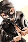  bad_id bad_pixiv_id bodysuit breasts brown_eyes center_opening cleavage commentary_request covered_face gimp_mask highres kilye_4421 latex looking_up mask medium_breasts original shiny shiny_clothes simple_background smile 