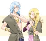  1boy 1girl :d alternate_costume blonde_hair bracelet braid breasts cleavage closed_eyes couple earrings fingerless_gloves fire_emblem fire_emblem:_the_blazing_blade fire_emblem_heroes gloves grey_hair hair_ornament highres husband_and_wife jewelry large_breasts long_hair louise_(fire_emblem) louise_(sworn_protector)_(fire_emblem) midori_no_baku necklace official_alternate_costume open_mouth own_hands_together pent_(fire_emblem) purple_eyes purple_gloves short_hair simple_background single_fingerless_glove single_glove smile twitter_username 