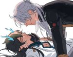  2boys ahoge aqua_horns arm_support bags_under_eyes black_gloves black_hair closed_eyes commentary dan_heng_(honkai:_star_rail) dan_heng_(imbibitor_lunae)_(honkai:_star_rail) earrings eyes_visible_through_hair frown gloves grey_hair hair_rings hand_on_another&#039;s_cheek hand_on_another&#039;s_face honkai:_star_rail honkai_(series) horns jewelry long_hair lying male_focus multiple_boys on_back onlytruepain parted_lips pectoral_cleavage pectorals pointy_ears sideways simple_background stud_earrings white_background yaoi yingxing_(honkai:_star_rail) yukadon 