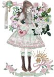  1girl alternate_costume bag banner bishoujo_senshi_sailor_moon bity3155660241 boots bow bowtie brown_footwear brown_hair center_frills character_name closed_mouth collarbone collared_dress cross-laced_footwear dress earrings floral_print flower frilled_sailor_collar frills full_body green_dress green_eyes green_ribbon green_sailor_collar green_socks hair_ornament hair_over_shoulder heart heart-shaped_bag heart_earrings heart_hair_ornament high_ponytail holding_strap jewelry kino_makoto knee_boots kneehighs leaf light_smile lolita_fashion long_hair looking_at_viewer medium_dress pink_bag pink_bow pink_bowtie pink_flower pink_ribbon pink_rose puffy_short_sleeves puffy_sleeves ribbon rose sailor_collar shooting_star_(symbol) short_sleeves shoulder_bag sidelocks simple_background socks solo star_(symbol) star_hair_ornament striped_clothes striped_socks tulip two-tone_socks white_background white_flower white_ribbon white_rose white_sleeves white_socks wing_hair_ornament 