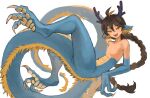  1boy androgynous animal_ear_fluff animal_ears animal_feet animal_hands antenna_hair antlers bifuteki_(bi_futeki) blue_skin braid braided_ponytail braided_tail brown_hair claws colored_skin completely_nude dragon_boy dragon_ears dragon_tail fangs fewer_digits full_body fur-tipped_tail hair_between_eyes horns long_hair looking_at_viewer male_focus monster_boy multicolored_hair multicolored_skin nude open_mouth original simple_background slit_pupils solo streaked_hair tail tsurime very_long_hair very_long_tail white_background yellow_eyes 