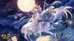  1girl ahoge anklet benghuai_xueyuan blonde_hair chinese_clothes closed_mouth cloud cloudy_sky copyright_name fireflies full_body full_moon hair_between_eyes hair_ornament hanfu highres holding holding_polearm holding_weapon honkai_(series) jewelry kaguya_(benghuai_xueyuan) lantern logo long_hair long_sleeves looking_at_viewer moon naginata night night_sky official_art okobo outdoors polearm sandals second-party_source sky smile solo spear star_(sky) starry_sky thighhighs very_long_hair water weapon yellow_eyes 
