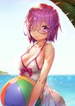  absurdres ball beach beachball bow bow_swimsuit breasts cleavage collarbone day dress_swimsuit dsknight fate/grand_order fate_(series) glasses highres holding holding_ball looking_at_viewer mash_kyrielight medium_breasts ocean outdoors pink_bow purple-framed_eyewear purple_eyes purple_hair short_hair sideboob smile solo standing swimsuit swimsuit_of_perpetual_summer white_swimsuit 
