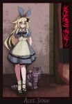  1girl alice_(black_souls) apron arms_behind_back black_border black_bow black_bowtie black_footwear black_souls blonde_hair blue_dress blue_hairband border bow bowtie closed_mouth dress full_body grin hair_between_eyes hair_ornament hairband highres koshou_shou_mitsu light_blush long_hair looking_at_viewer print_curtains purple_cat purple_eyes rabbit_hair_ornament smile socks solo standing white_apron white_socks yellow_eyes 