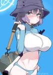  1girl artist_name bag black_headwear blue_archive blue_background blush breasts bucket_hat closed_mouth commentary_request halo hat holding holding_bag large_breasts looking_at_viewer navel official_alternate_costume purple_hair rash_guard saki_(blue_archive) saki_(swimsuit)_(blue_archive) short_hair simple_background solo swimsuit uminotacos white_halo 