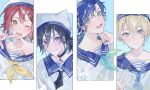  &gt;:) 10_io 4boys :d ;d alternate_costume anchor_symbol animal_hat aqua_eyes aqua_neckerchief astel_leda black_choker black_hair black_necktie blonde_hair blue_background blue_eyes blue_hair blue_neckerchief blue_sailor_collar border cat_hat choker closed_mouth collarbone column_lineup dolphin_hair_ornament ear_piercing earrings finger_frame hair_between_eyes hair_ornament hairclip hanasaki_miyabi hand_up hat highres holostars jewelry kanade_izuru kishido_temma lapel_pin lightning_bolt_hair_ornament lightning_bolt_symbol looking_at_viewer low_ponytail male_focus medium_hair multicolored_hair multiple_boys neckerchief necktie one_eye_closed outside_border pendant_choker piercing purple_eyes red_hair sailor_collar sailor_hat sailor_shirt shirt short_hair smile streaked_hair swept_bangs upper_body v v-shaped_eyebrows virtual_youtuber wavy_hair white_border white_headwear white_shirt yellow_eyes yellow_neckerchief 