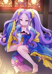  absurdres barefoot bow breasts chinese_clothes cleavage collarbone fate/grand_order fate_(series) frilled_sleeves frills full_body hane_yuki hanfu highres indoors legs long_hair long_sleeves looking_at_viewer pelvic_curtain purple_eyes purple_hair sash shawl sidelocks sitting small_breasts smile solo twintails very_long_hair wide_sleeves wu_zetian_(fate/grand_order) 