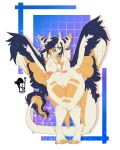 4:5 absurd_res amber_eyes angel_dragon anthro big_breasts blue_body blue_fur blueberry_(smolderg) breasts chest_tuft claws dragon female fur genitals hands_behind_back hi_res horn inner_ear_fluff legs_together long_tail looking_at_viewer nipples one_eye_obstructed pussy solo tail thick_thighs tuft void_of_sanity white_body white_fur wings yellow_body yellow_fur